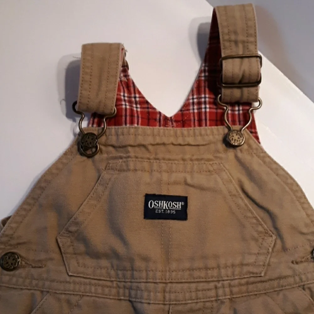 Vintage Oshkosh duck cloth red buffalo plaid bibs 12months Christmas 🎄photos